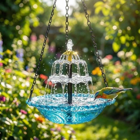 Fontaine solaire oiseaux - Abreuvoir suspendu pour oiseaux et colibris avec cascade - pompe solaire - Attire les colibris - bleu (1/5)