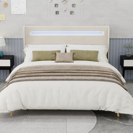 , Lit rembourré moderne et minimaliste avec tête de lit douce rétroéclairée par LED, 160x200cm, beige, mobilier de chambre multifonctionnel, base basse sans rangement (sans vérin à gaz)... (1/5)
