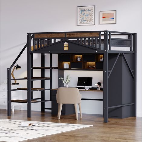 Hochbett 140x200 cm schwarz aus Metall und Holz mit Sicherheitsleiter und Fensterdesign (1/5)