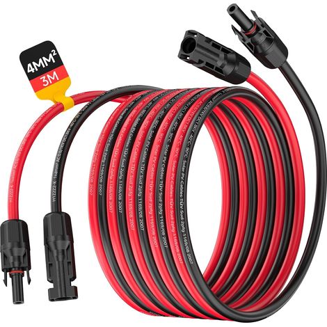 CÂBLE SOLAIRE 4MM², CÂBLE D'EXTENSION PV 3M AVEC PRISES ET FICHE SOLAIRE, RALLONGE DE CÂBLE SOLAIRE 12AWG, CONNECTEUR DE CÂBLE PHOTOVOLTAÏQUE ÉTANCHE IP68 POUR SYSTÈMES SOLAIRES (ROUGE/NOIR) (1/5)