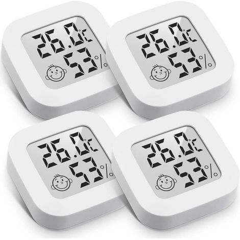 4er-Pack Mini-Digital-Thermometer/Hygrometer für den Innenbereich mit LCD-Anzeige für Luftfeuchtigkeit und Temperatur, Weiß