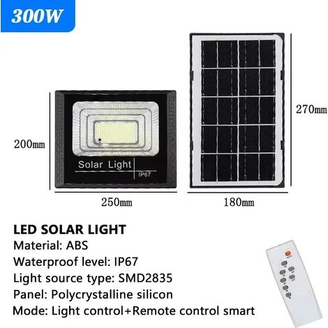 (300 W) Lampe solaire extérieure haute luminosité, étanche, lampadaire LED avec télécommande (1/5)
