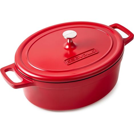 Cast Iron Induction Casserole 11 Litre 38 cm Oval Cast Aluminium Casserole with Non-Stick Ceramic Coating, Cooking Pot with Lid, Ideal for Large Families, Oven and Gas, Red (1/5)
