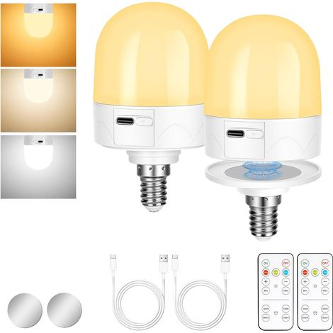 2pcs E14 Ampoule Rechargeable avec Télécommande, 3 couleurs intensité variable, Alimentée par Batterie, 3W, avec Base Magnétique Amovible, pour Chambre à Coucher, Camping (1/5)