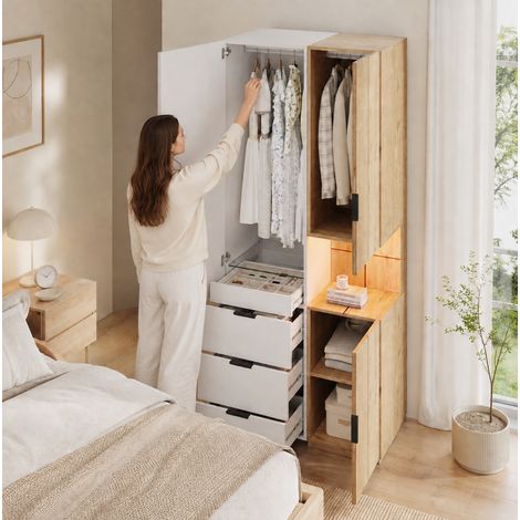 Armoire 2 portes LED avec 4 tiroirs et rangement bijoux, 90 x 49 x 200 cm, MDF blanc chêne (1/5)