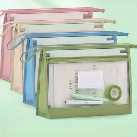 Set di 4 cartelle portadocumenti A4 con cerniera - Doppio strato e formato extra large - Trasparenti con tasca per etichette - Finestra a rete - Organizer per scuola, ufficio e casa (1/5)