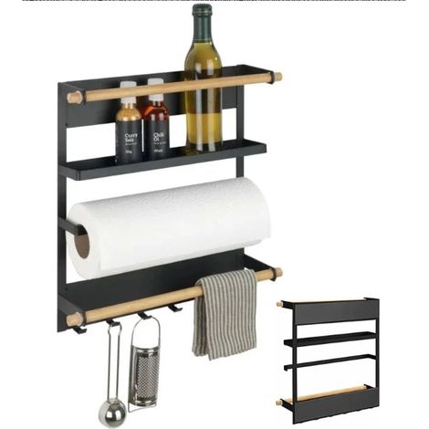 Etagère Magnétique Réfrigérateur - Porte-Épices Dérouleur Sopalin Barre Crochets Cuisine - Métal et Bambou - 27.5 x 34 x 6 cm - Noir (1/5)