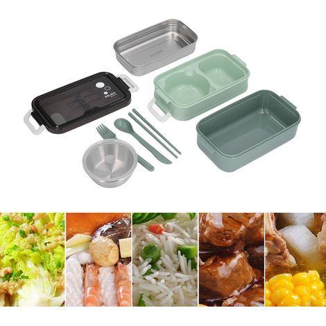 Doppelwandige, isolierte Lunchbox aus Edelstahl 304, tragbare Bento-Box für Büroangestellte und Studenten, Vanillegrün + 200-ml-Suppenschüssel aus Edelstahl 304 (1/5)