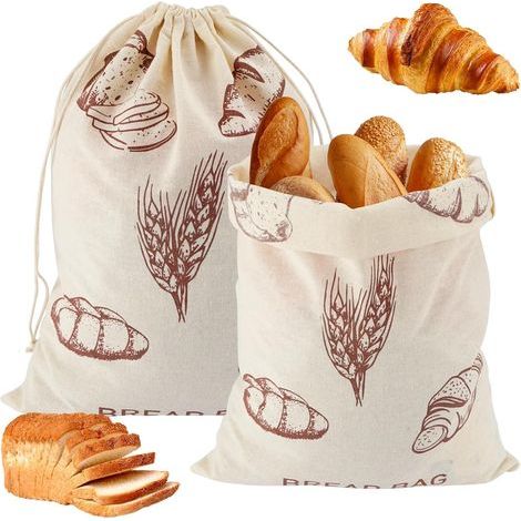 Sac à pain en lin (lot de 2), 30 x 40 cm, avec cordon de serrage, réutilisable, pour pain, fruits et légumes. Sac en lin et coton naturel qui préserve la fraîcheur. (1/5)
