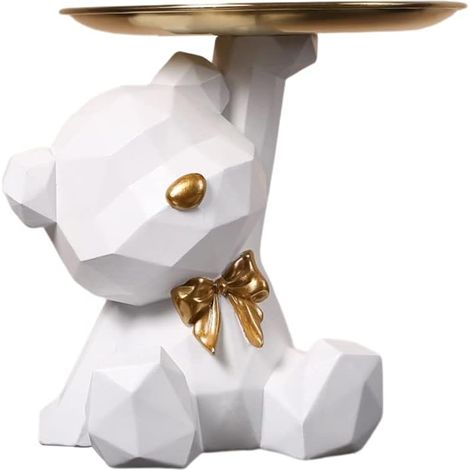 Bol Porte-Clés Ours en Résine, Rangement Bijoux et Accessoires, Sculpture Décorative Blanc, Plateau de Rangement pour Clés et Objets (1/5)