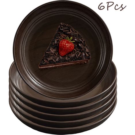 Assiettes plates imitation bois (brun foncé, lot de 6), vaisselle de cuisine (1/2)