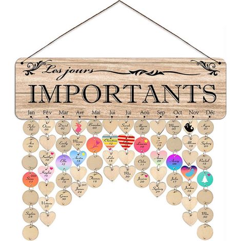 Calendrier mural - Plaque anniversaire en contreplaqué bois - Pour suivre dates familiales - 40 x 12 cm - Avec disques en bois ×12 (1/5)