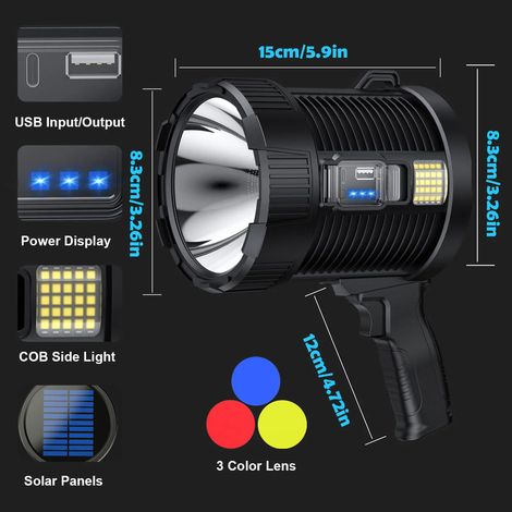 Projecteur rechargeable (petit, noir) 900 000 lumens, lampe torche LED portable, grande lampe torche, projecteur solaire extérieur ultra-lumineux (1/5)