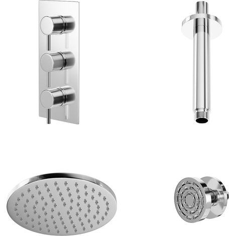 Wholesale Domestic Circo Polished Chrome Triple Thermostatic Shower Valve and 200mm Round Fixed Head with Ceiling Arm and 4 Round Body Jets - 2 Outlet (1/5)