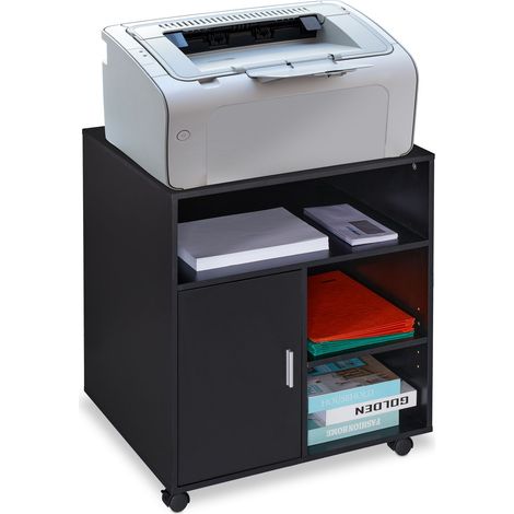 Relaxdays Office Cabinet, Storage, Shelves, Cupboard, Tray, Home, Printer Table, Wheels, HxWxD: 66.5x60x50 cm, Black