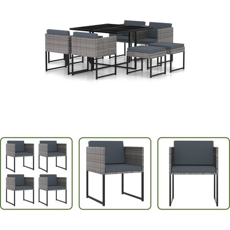 Table de jardin - Ensemble à manger de jardin coussins 9pcs Résine tressée Gris (1/5)