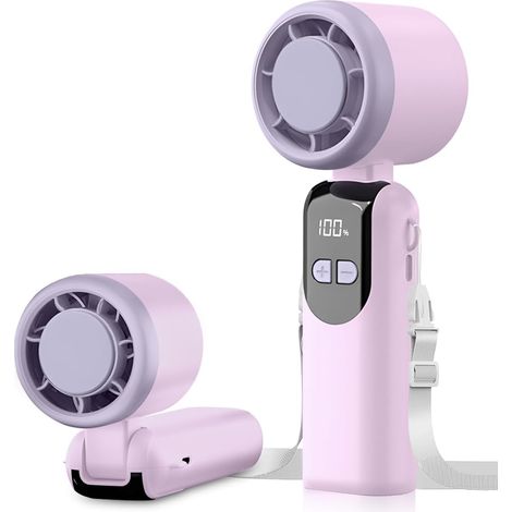 Ventilador turbo portátil, 100 velocidades, plegable a 90° y recargable por USB, pantalla LED con cable, ideal para el cuello o el escritorio (morado). (1/5)