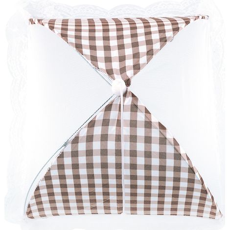 Parasol anti-insectes pliable en mesh metal polyester avec bordure dentelle motif carreau pour barbecue picnic camping buffet 32cm x 31cm beige
