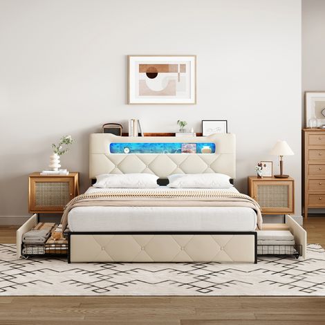 HYTKKBD – Polsterbett 160x200cm mit 4 Schubladen,LED-Beleuchtung,USB-Ladefunktion,Doppelbett,Lattenrost,Bettkopf Aufbewahrbar,Samt, Beige