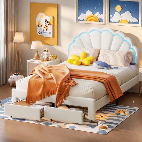 Einzelbett 140x200 cm – Kinderbett – mit LED-Beleuchtung – 1 Schublade – Kopfteil in Blütenform – Samt – Lattenrost – Prinzessinnenbett – Weiß
