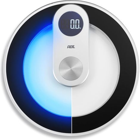 Pèse-personne numérique en verre résultats très précis éclairage LED bleu stylé écran LED corps rond sans coins ni bords jusqu'à 180 kg (1/5)