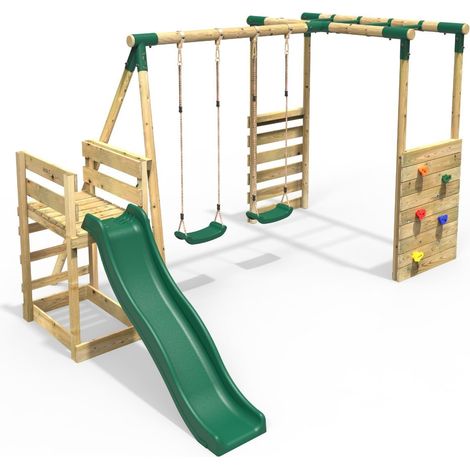 Rebo Wooden Children's Swing Set with Monkey Bars plus Deck & 6ft Slide - Double Swing - Venus Green