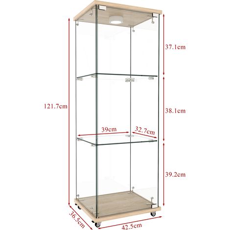 Meuble bibliothèque moderne 3 niveaux avec porte, vitrine en verre trempé éclairée par LED, pour salon ou chambre, finition bois naturel, dimensions H120 x L42,5 x P36,5 cm