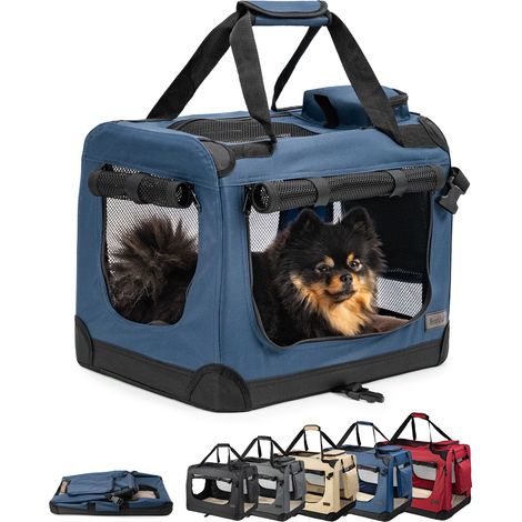 lionto Hundetransportbox faltbar, stabile Stoffbox mit Mesh-Einsätzen, ideal für Auto, Reise & Tierarzt, 50x34x36 cm, dunkelblau