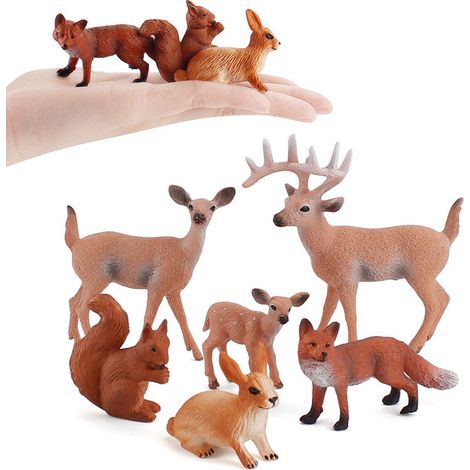 Lot de 6 figurines d'animaux de la forêt, cerf réaliste, renard, écureuil, lapin, mini animaux miniatures (1/5)
