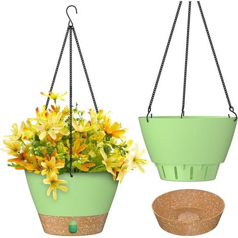 Vaso da fiori sospeso da 25 cm, decorazione da giardino, vaso con indicatore del livello dell'acqua, dotato di fori di drenaggio e sottovaso removibile. (1/5)