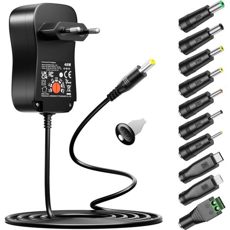 48W Adaptateur Secteur Universel AC DC 5V 6V 9V 12V 15V 19V 20V 24V 2A 3A 4A Chargeur Multi-Tensions avec 10 Fiches CC pour l'électronique Domestique, Contient USB-C (1/5)