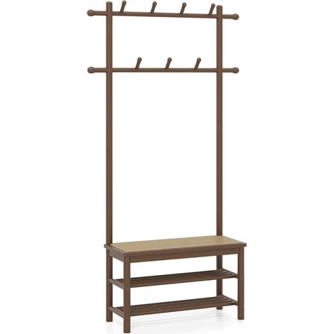 Porte-manteau 3 en 1 dimensions 71 x 30 x 169,5 cm avec banc pratique et rangement pour chaussures design rustique en bambou marron
