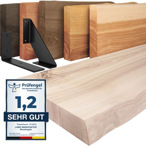 LAMO Manufaktur étagère murale en bois massif, irrégulier, étagère de rangement Basic, bois brut / équerre noire 90cm, LW-01-A-001-90LS