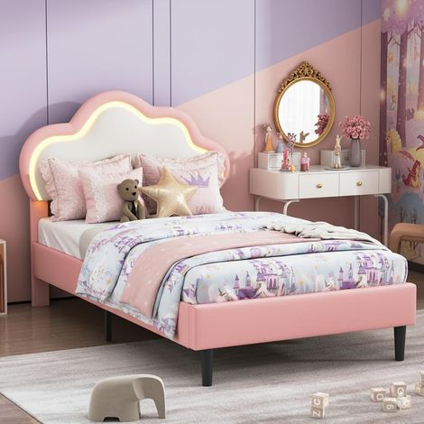 Bett 90 x 200 cm – Einzelbett Cloud mit LED – 90 x 200 cm – Kunstleder Rosa – Verstellbares und beleuchtetes Kopfteil