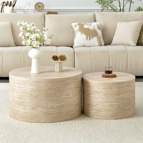 Ensemble de 2 tables basses rondes gigognes avec rangement, en MDF imitation bois, d'environ 62,8 cm/44 cm de diamètre, avec couvercle amovible et compartiment de rangement. (1/5)