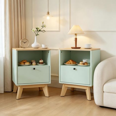 Lot de 2 tables de chevet - 40 x 40 x 55 cm - pour chambre à coucher avec tiroir et niche - en mdf moderne - vert clair et chêne (1/5)