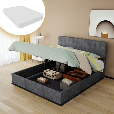 Letto imbottito moderno e minimalista con testiera morbida e confortevole, 160x200 cm, grigio, mobile multifunzionale per la camera da letto, base contenitore alta, materasso 160200 cm incluso. (1/5)