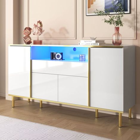 Buffet Moderne - TANANT - Buffet Bahut LED - 4 Türen - 1 Schublade - Hochglanz Weiß - 150x40x80cm