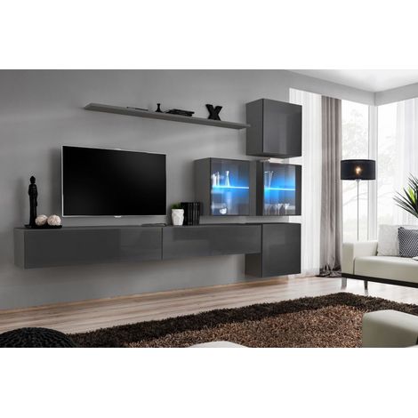 Ensemble mural - Switch XIX - 4 vitrines - 2 bancs TV - 1 étagère - Graphite - Livraison gratuite
