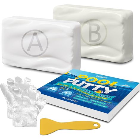 Mastic pour Piscine - 340g Mastic Époxy Bi Composant pour Réparer les Fuites sous l'eau ou au-dessus, Idéal pour Carrelage, Béton, Ciment, Bois, Plastique etc, Peut être Poncé, Percé et Peint (Blanc) (1/5)