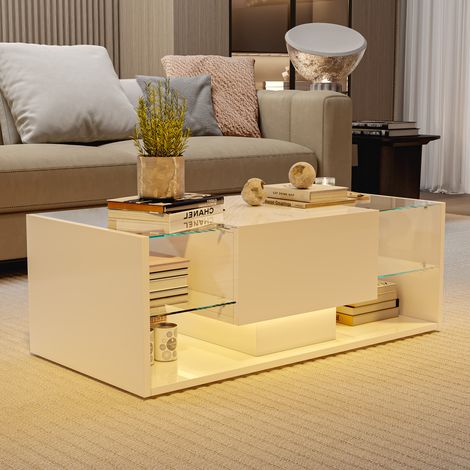 Table basse - LED - Verre trempé - Tiroir - 100x50x35 cm - Blanc (1/4)