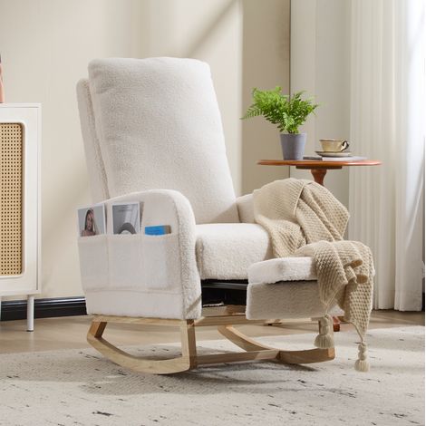 Fauteuil à bascule 75x63x104 cm tissu peluche blanc, poche latérale, pour chambre bébé – MEUBLIV (1/5)