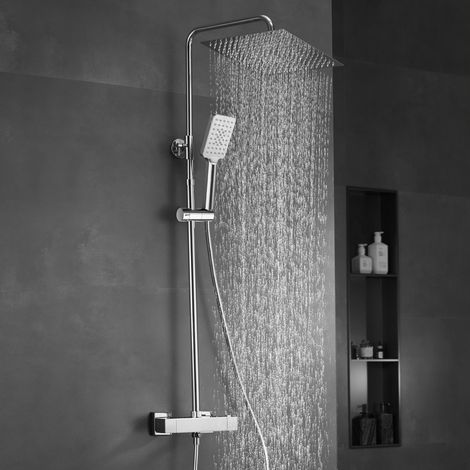 Görbach Duschsäule mit Thermostat – XXL Regendusche eckig 30x30 cm – Handbrause eckig – Höhenverstellbar – 304 Edelstahl – Chrom