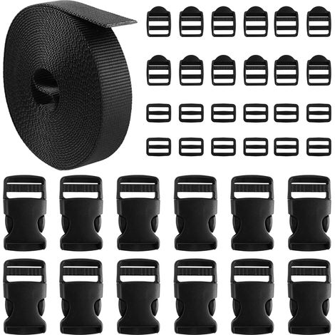 12m Sangle Nylon 25mm avec 36 Boucles en Plastiques Boucle Nylon Rouleau de Nylon Noir Sangle,Sangle Clip Plastique Réglables,pour Sac à Dos,DIY Artisanat,Tente,Sac à Dos Enfant (1/5)