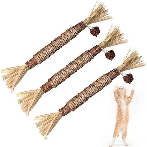 Confezione da 3 giocattoli in legno naturale per gatti, giocattoli da masticare con erba gatta, pulizia dei denti, cura dentale, dolcetti commestibili per gatti (1/4)