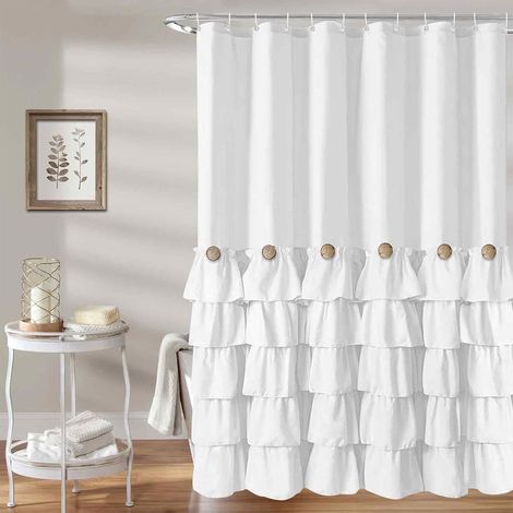 Rideau De Douche - 180 x 180 cm - Polyester Antirempli - Boutons En Bois Naturel - Style Ferme - 1 Pièce (1/5)