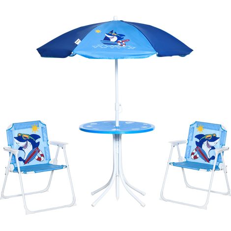 Outsunny Kids Outdoor Bistro Table and Chair Set, Folding Garden Furniture w/ Shark Design, Removable, Adjustable Sun Umbrella, Ages 3-6 Years - Blue