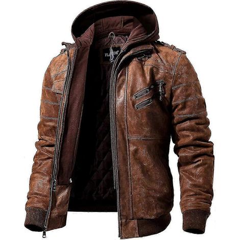Blouson de moto en cuir marron pour homme avec capuche amovible - YuJia