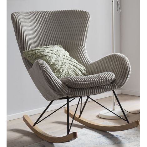 Fauteuil à Bascule Scandinave en Tissu Texturé Gris, Piétement Métal Noir et Bois de Frêne - PANGIVO (1/5)