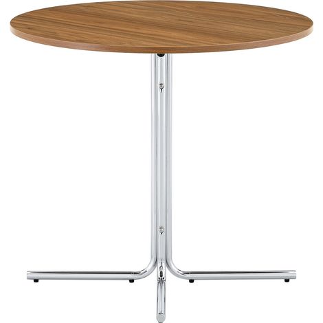 Mesa auxiliar redonda moderna con tablero MDF color nogal y base metálica cromada de 3 patas (1/5)